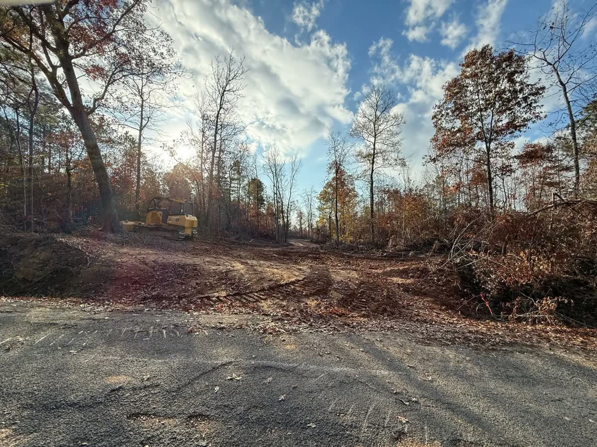 A drive cut in off a paved road into the woods, a dozer parked at the edge of the clearing.